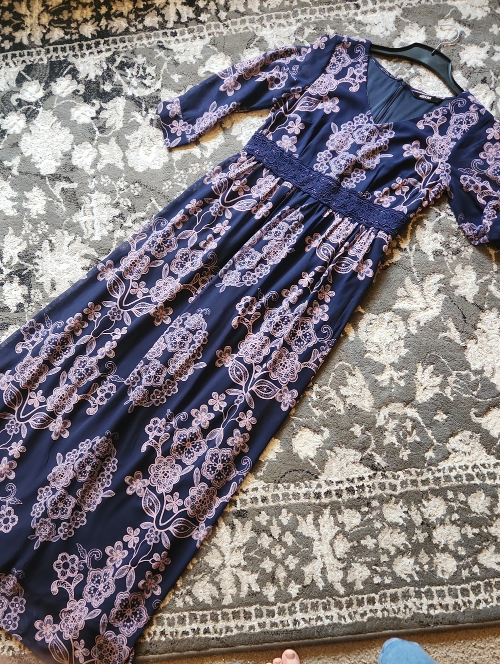 eshakti Navy Maxi Dress with Light Pink Floral Embroidery